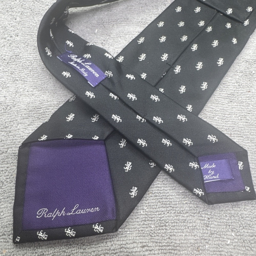 Ralph Lauren Purple Label Neck Tie Lions Black Silk Handmade Classic Embroidered